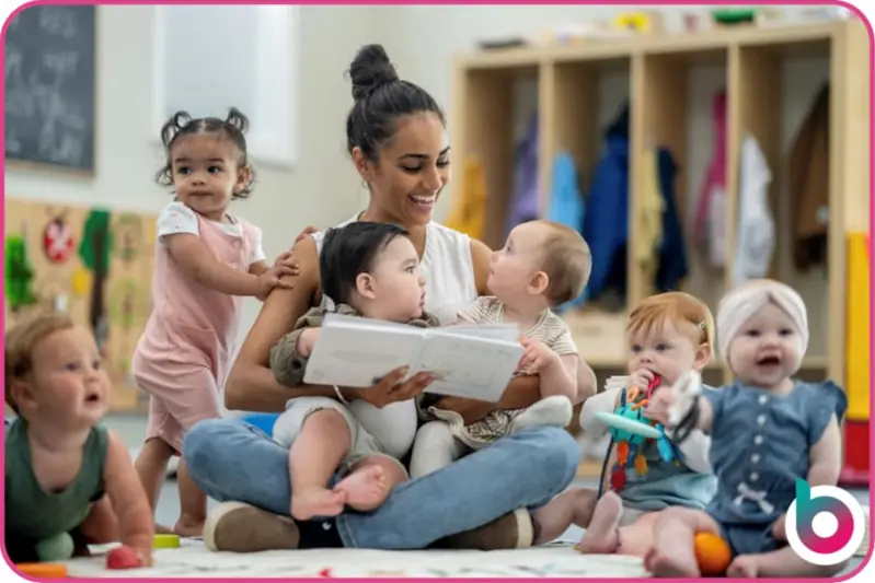 AI-in-education-image-A-woman-surrounded-by-toddlers-and-babies-while-she-reads-a-book