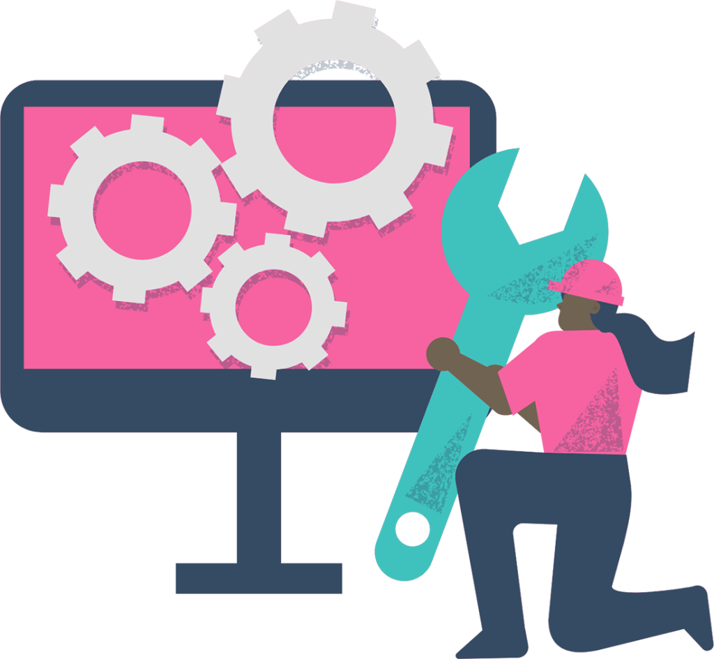 A graphic of a woman holding a very impractically-sized spanner