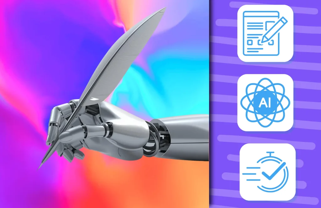 A robot hand holding a quill with icons on the right showing speed, AI and Writing